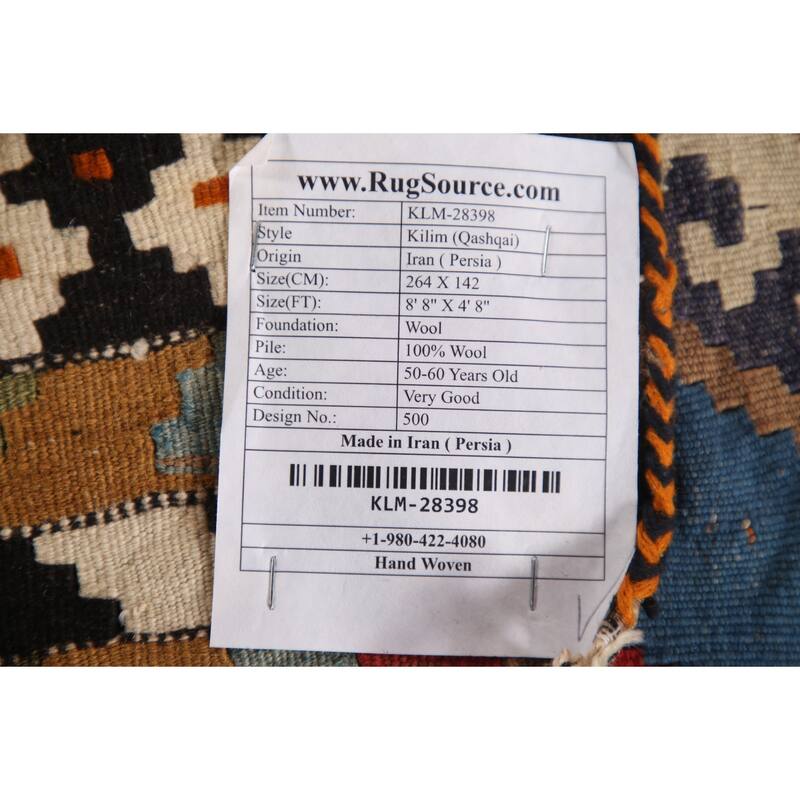 Orange Kilim Qashqai Persian Vintage Area Rug Hand-Woven Wool Carpet - 4'8" x 8'8"