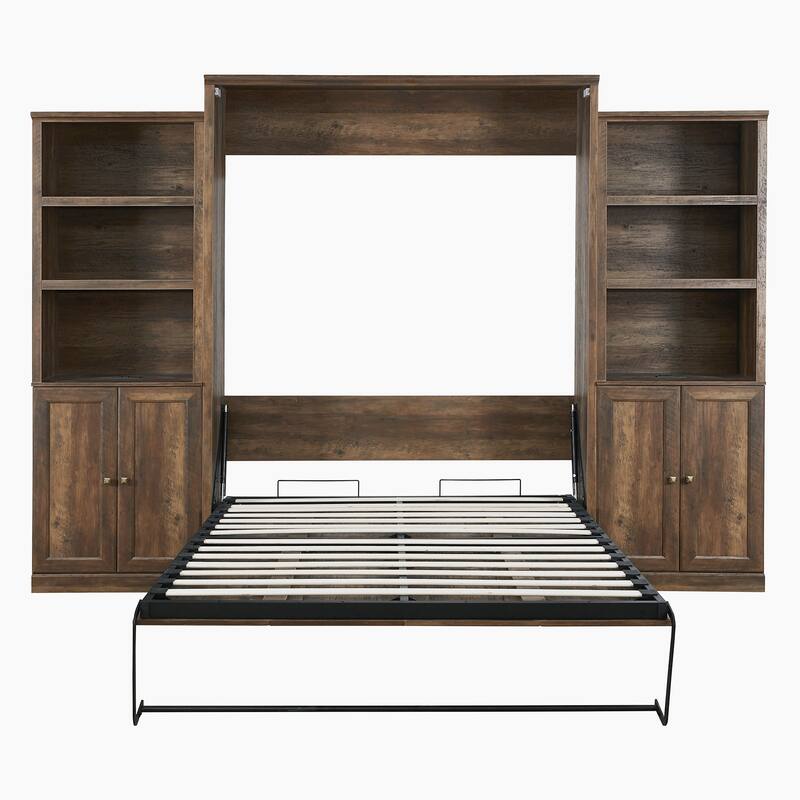 Half Self-Close and Open Murphy Bed with 2 Side Cabinet Storage Shelf