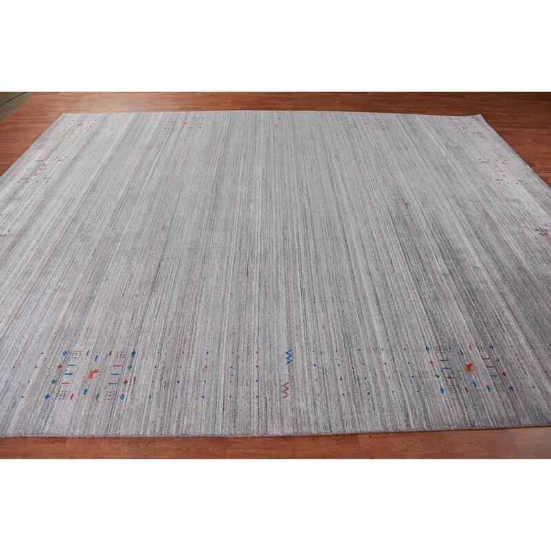 Hand Knotted Oriental 100% Wool Carpet Tribal Stripe Greys & Charcoal Gabbeh Area Rug - 12' 0'' X 9' 0''