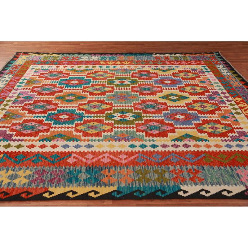 Kilim Oriental Rug Hand-Woven Multi-Color Wool Carpet - 8'3"x 9'7"