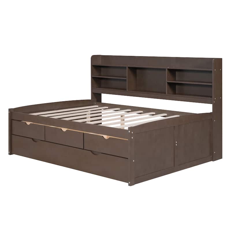 Antique Gray Full Size Wooden Captain Bed with Bookshelves, 3 Drawers, Trundle