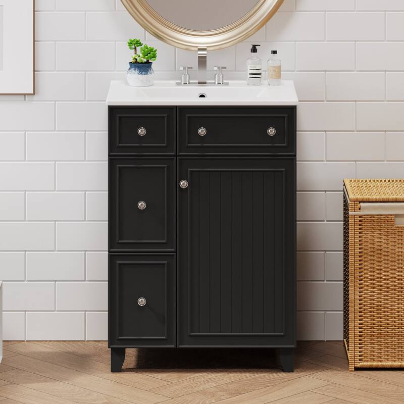 24 in. W x 18 in. D x 34 in. H Single Sink Freestanding Bath Vanity with White Ceramic Top - Black