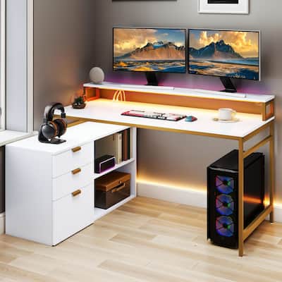 Moasis 55" Corner Computer Desk L-shaped Desk with Led Lights Gold Frame