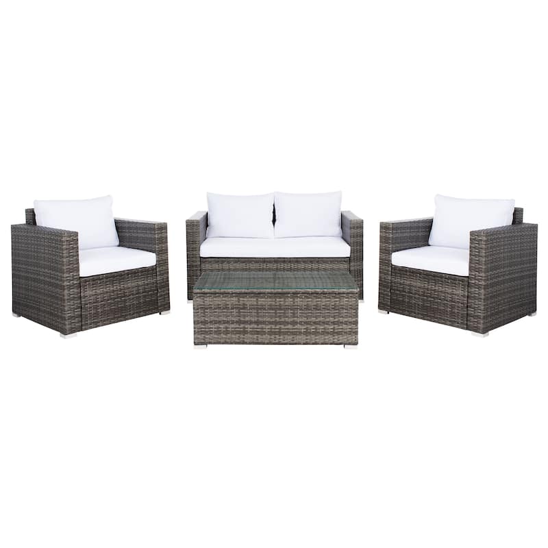 SAFAVIEH Outdoor Patio Furniture Natalee Wicker 4-Piece Conversation Set - 50W x 27D x 28H - Grey Brown/White