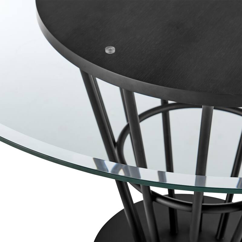Vena Dining Table, Black Iron, Walnut Brown Wood, 48 Inch Glass Top - Walnut Brown, Black, Clear