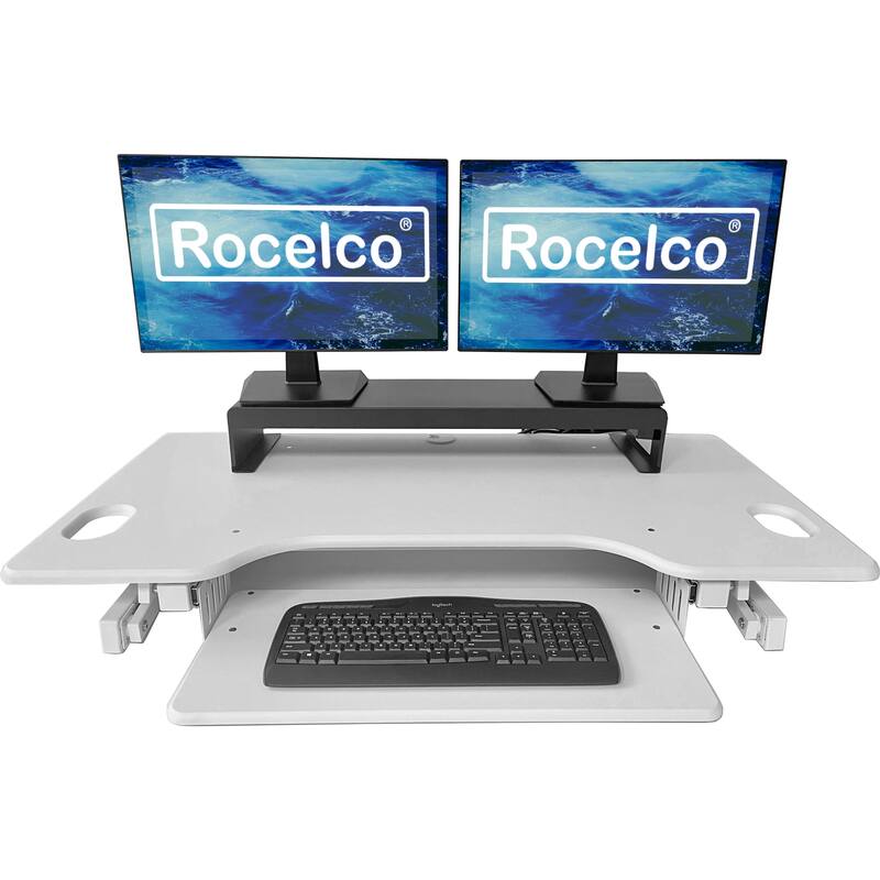 Rocelco 46 in. W White Height Adjustable Standing Desk Converter with Double Monitor Mount Stand and Deep Keyboard Tray