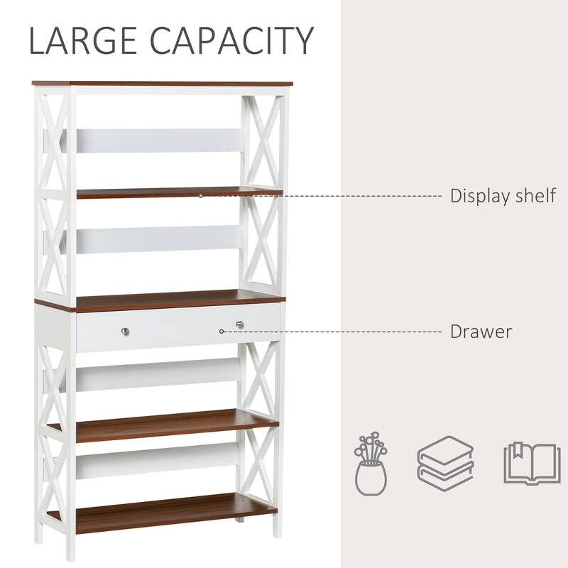 HOMCOM 4-Tier Shelving Bookcase Storage Cupboard with Pull Out Drawer, and Wooden Frame with X Bar Stability, White