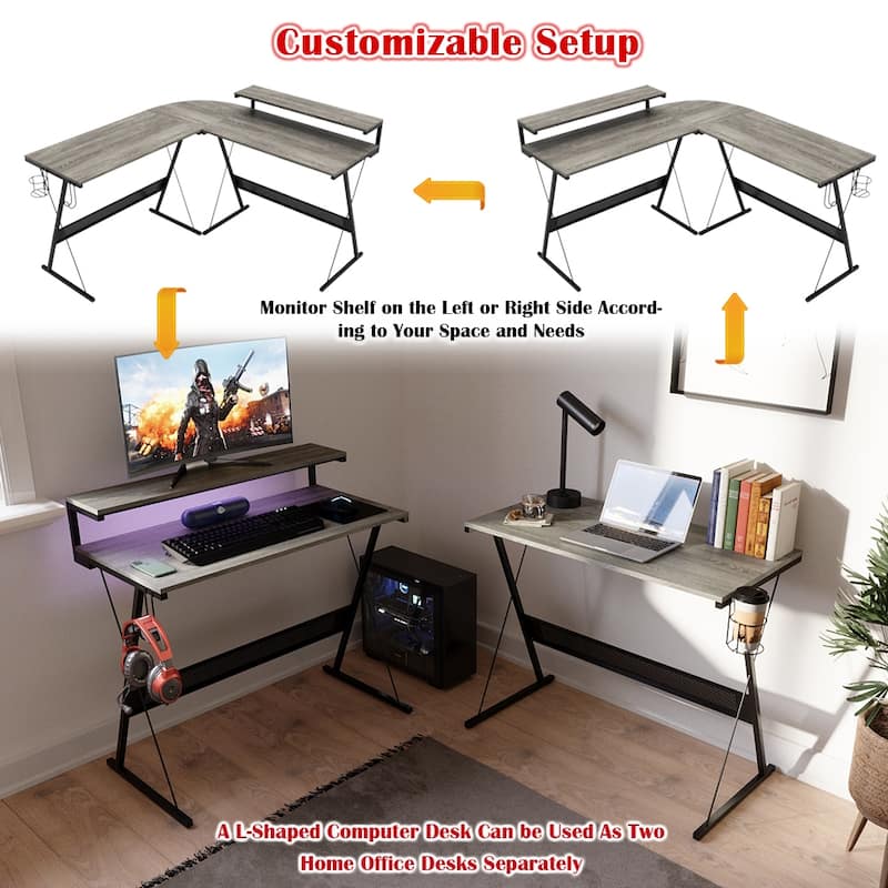 L-Shaped LED Gaming Desk Corner Computer Desk with Monitor Stand
