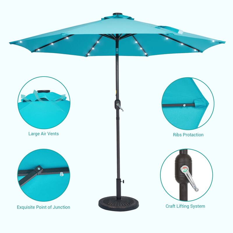 BONOSUKI 9ft Patio Solar Umbrella LED Patio Market Steel Tilt w/Crank