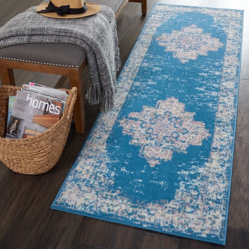 Nourison Grafix Distressed Vintage Medallion Area Rug - 2'3" x 7'6" Runner - Aqua Blue