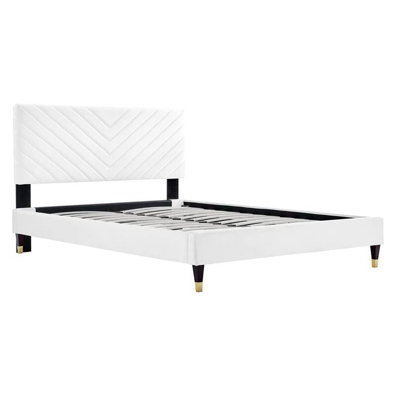 Roxanne Performance Velvet Platform Bed With Wood and Gold Legs