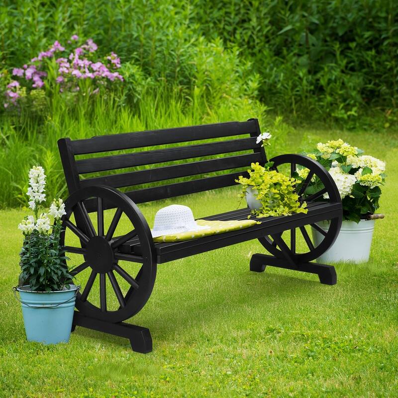 56 in. Outdoor Wooden Wagon Wheel Bench with Slatted Seat and Backrest
