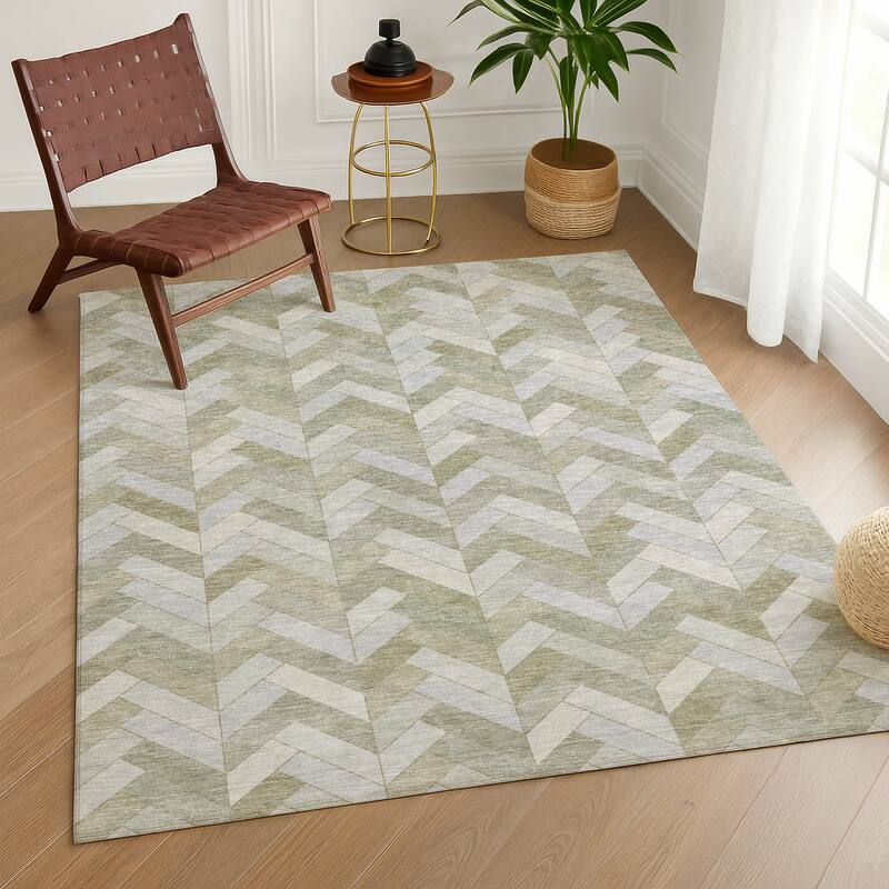 Machine Washable Indoor/ Outdoor Modern Chevron Chantille Rug