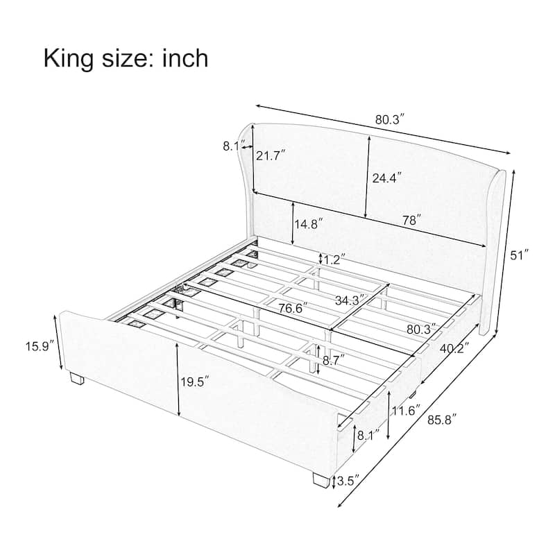 Full/Queen/King Upholstered Platform Bed Frame with 51" Wingback Headboard, Solid Wood Legs & Linen Fabric, No Box Spring Needed