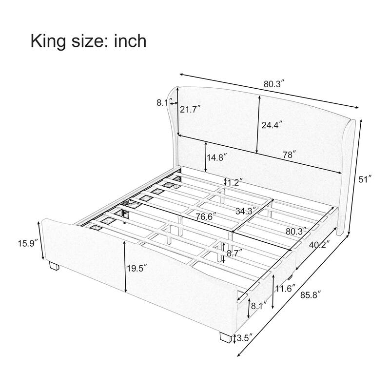 King Size Upholstered Bed with 51" High Wingback Headboard, Linen Fabric, No Box Spring Required, Gray