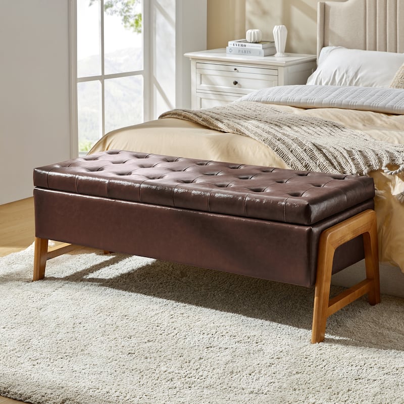 Rita Mid-century Modern Upholstered Storage Bench with Tufted Seat and Solid Wood Leg by HULALA HOME