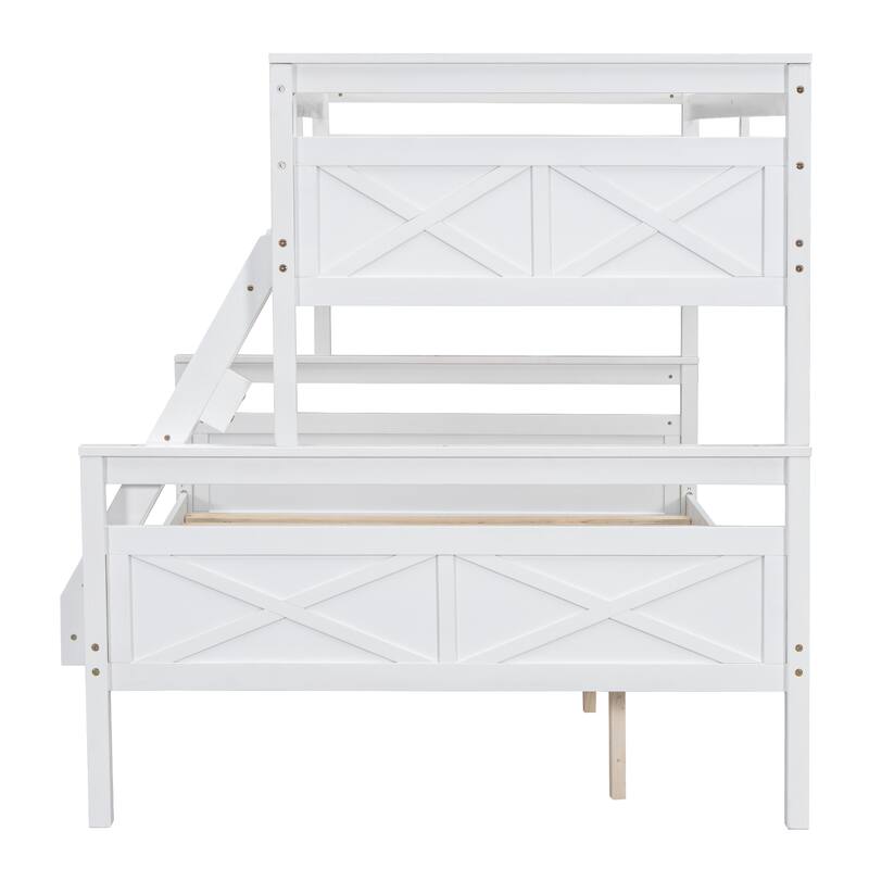 White Twin over Full Pine Wood Bunk Bed with Safety Guardrail for Bedroom