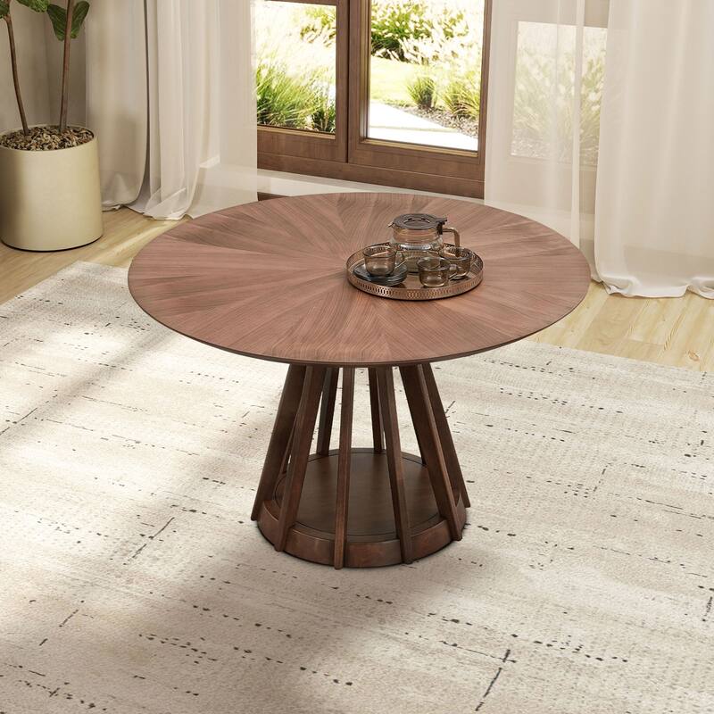 Round Dining Table with Sturdy Birdcage Pedestal Base, Tabletop with Veneer Splice Design for 4 People
