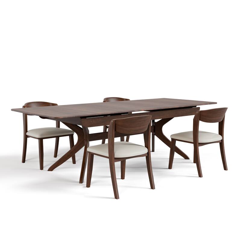 Furniture of America Abigail IV Mid-Century Modern 5-Piece Rich Walnut Solid Wood Extendable Dining Set with Self-Storing Leaf