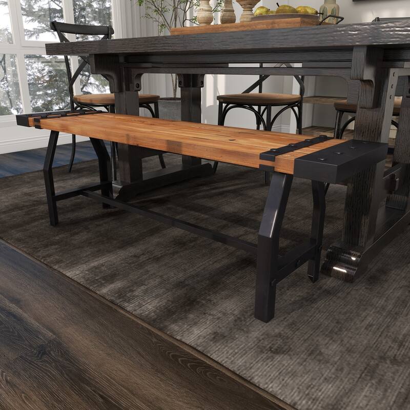 Brown Wood Bench with Black Metal Base and Studs - 55 x 13 x 18