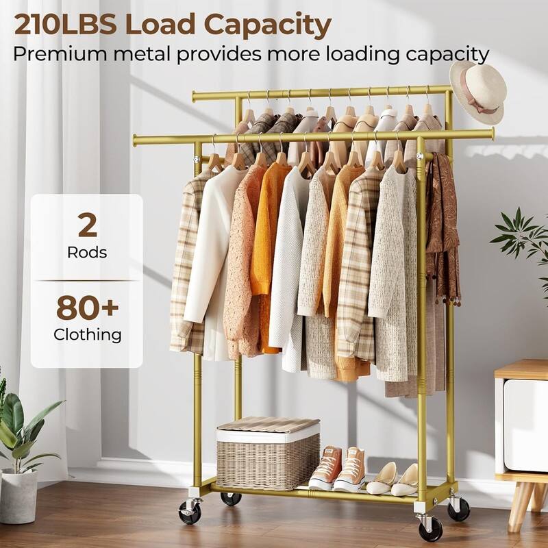 Double Rods Clothes Rack, Rolling Clothing Rack for Hanging