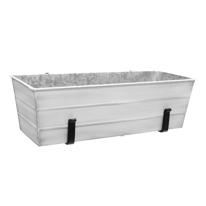 Achla Designs 24" W Rectangle Galvanized Steel Flower Box w/Black Wrought Iron Clamp-On Brackets, Planter - White