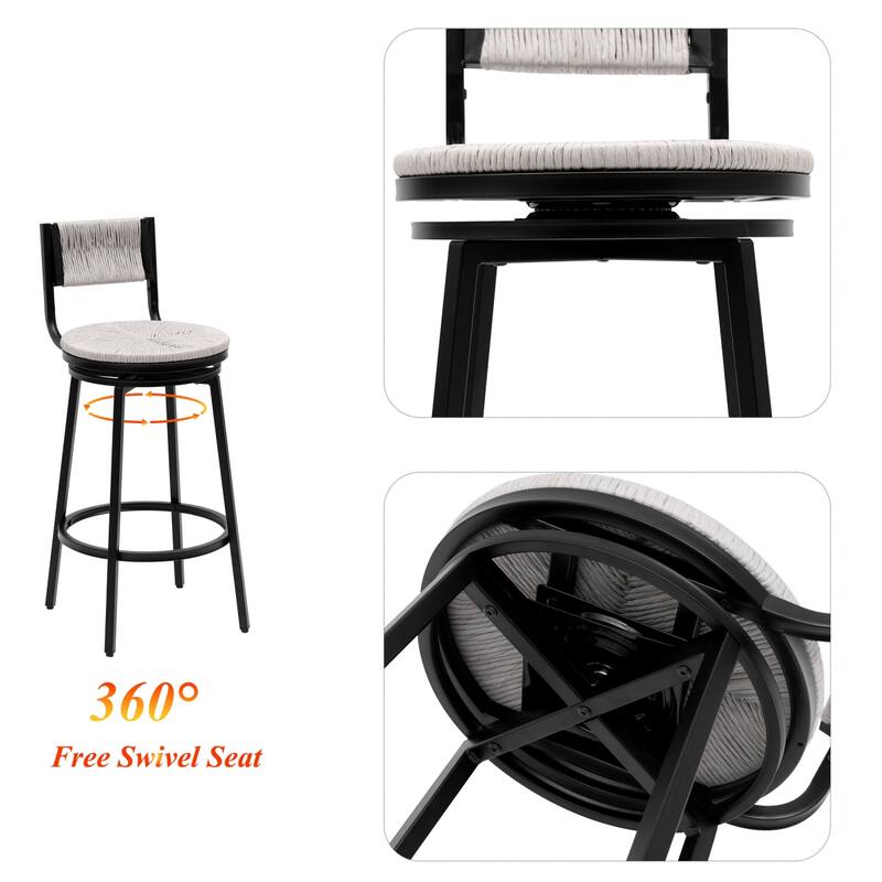 Swivel Counter Height Bar Stools Set of 2, Bar Height Stools, Paper Rope Woven Bar Stools, Farmhouse Island Chair w/ Metal Frame
