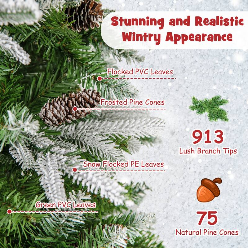 Gymax 6/7.5/9 FT Pre-Lit Artificial Christmas Tree Snow Flocked Hinged