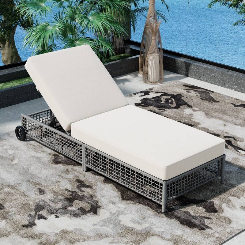 Outdoor Patio Rattan Chaise Lounge Chair with 5-Position Adjustable Backrest & Wheels - Grey-Single