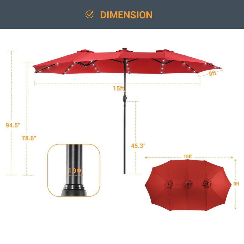 Livoosun 15×9FT LED Double-sided Patio Umbrella with BASE UPF50+ and Handle, and Wind-Resistant Design