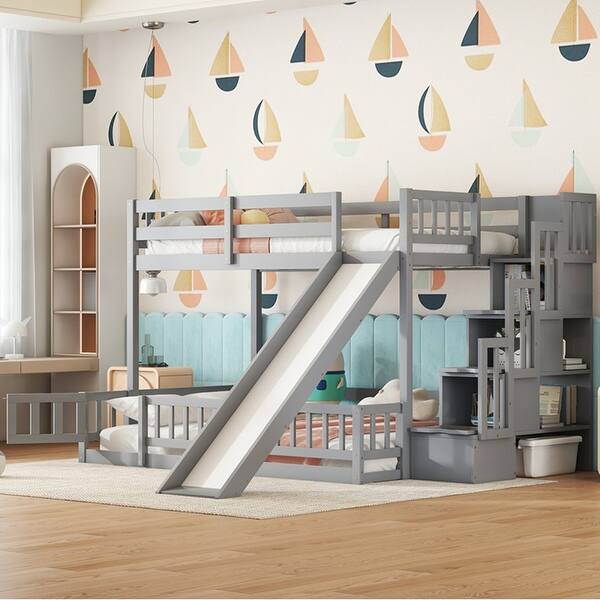 slide 2 of 11, Twin Over Full Bunk Bed with Slide, Storage Staircase, Pine Solid Wooden Bunk Bed with Safety Guardrails Grey