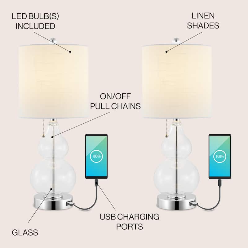 Horizon 22" Classic Vintage Glass LED Table Lamp with USB Charging Port, (Set of 2) by JONATHAN Y