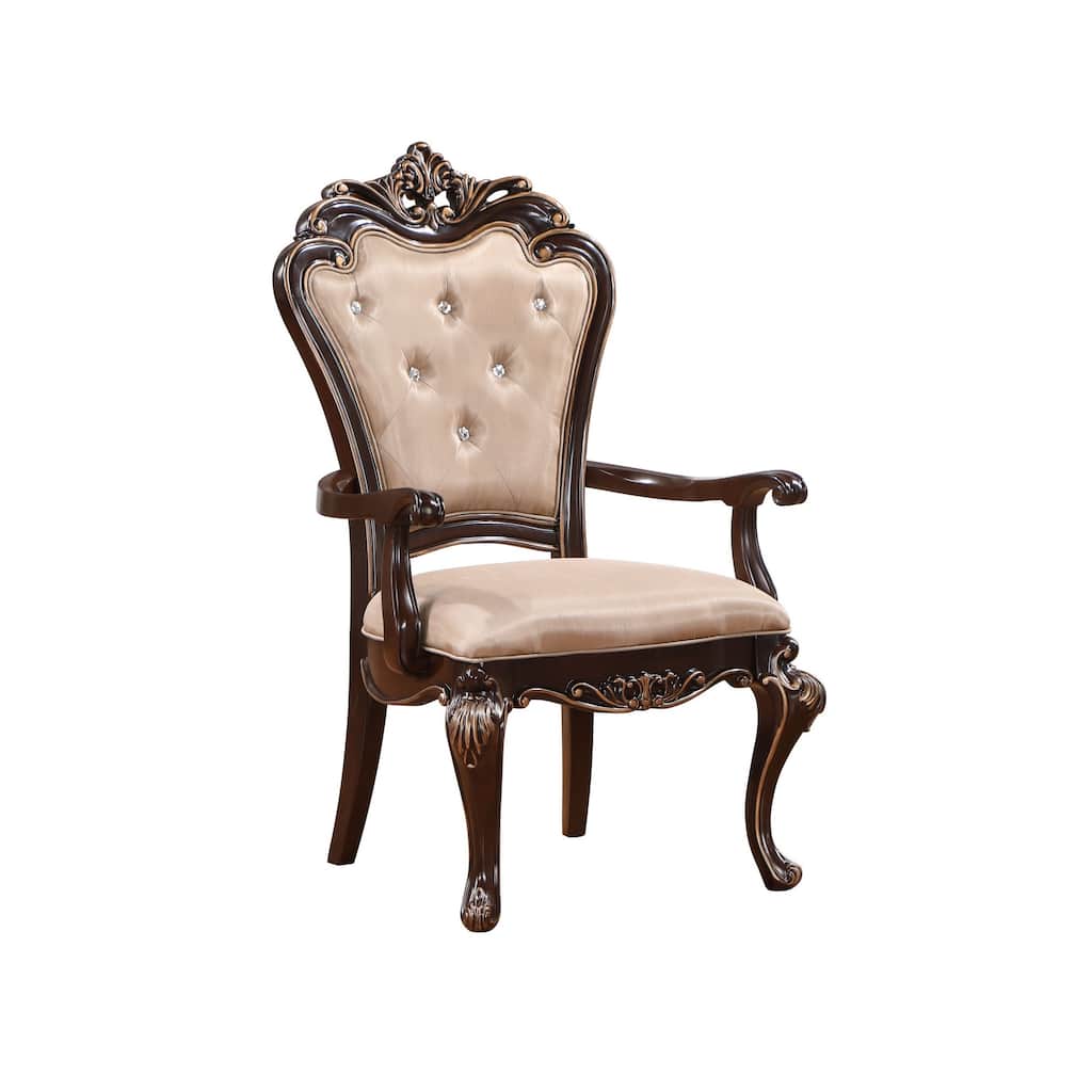 Leon 25 Inch Set of 2 Tufted Dining Armchair, Cherry Brown Wood, Beige Seat