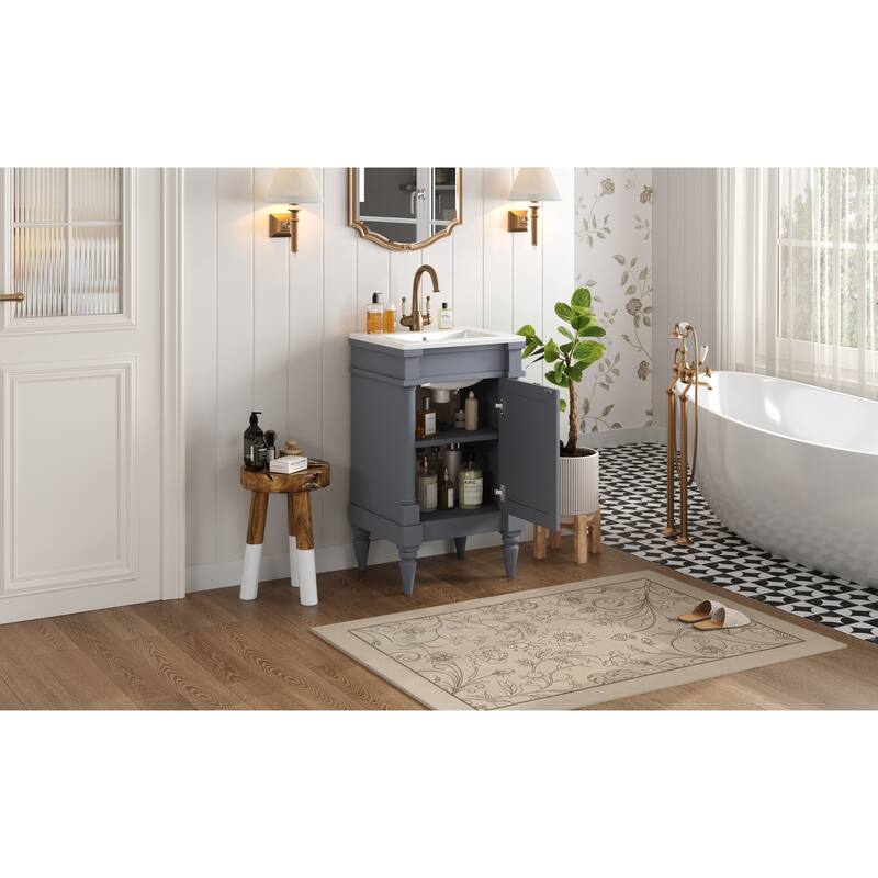 GDFStudio - Wexford Retro Freestanding Bathroom Vanity with Ceramic Sink, Solid Pine Wood Legs & Adjustable Shelf - 18'W