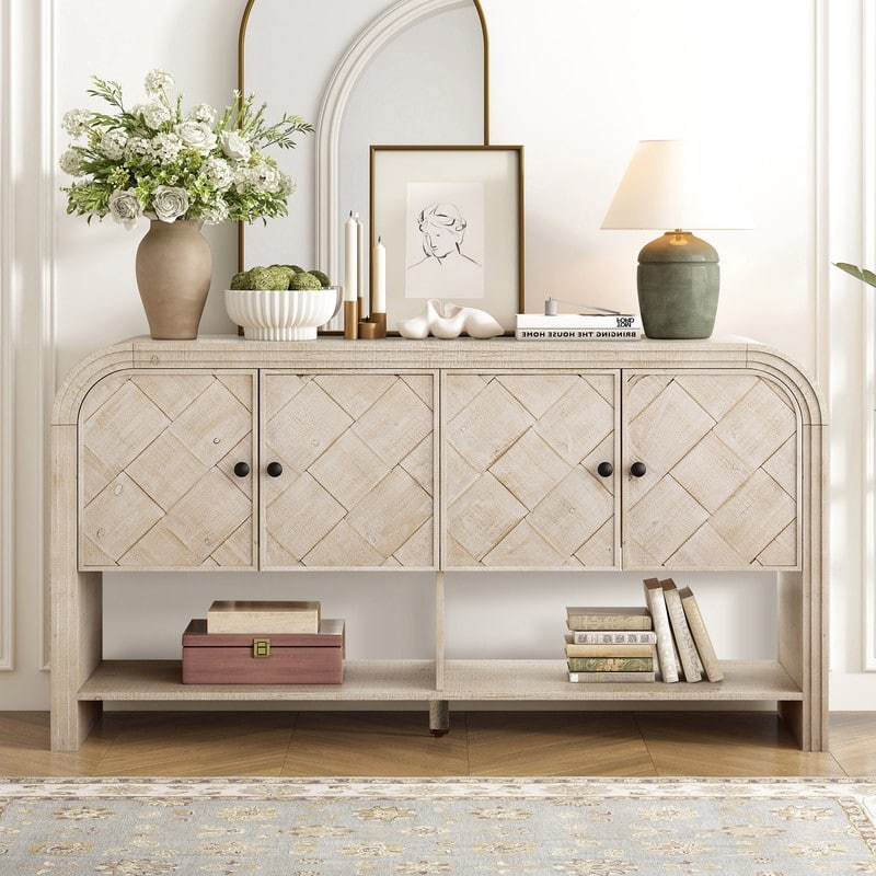 Versatile 60" Console Table with Woven Wood Slats and Solid Wood Veneer for Entryway or Living Room - Beige