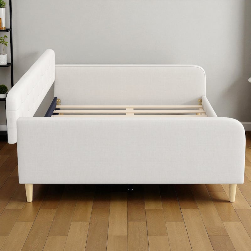 Queen Size Upholstered Daybed with Linen Fabric, Solid Wood Frame & 4 Support Legs, Sofa Bed for Guest Room