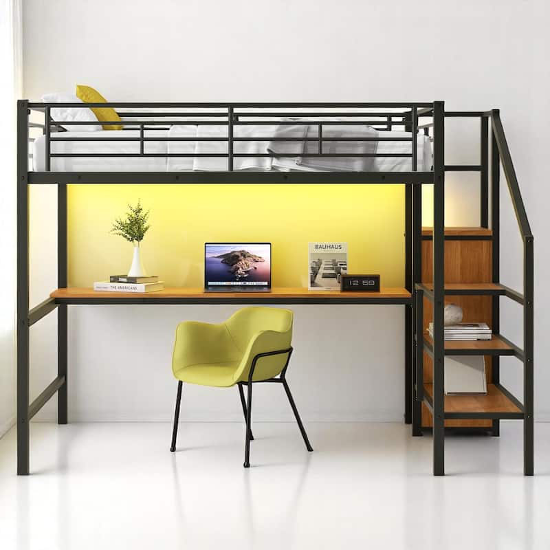 Full Metal Loft Bed with Built-in Desk, Stair Storage, Clothes Rack Wardrobe & Color LED Lighting