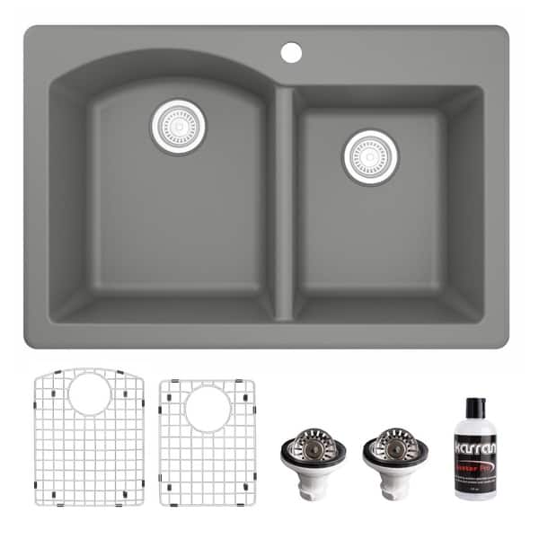 slide 2 of 60, Karran Drop-In Quartz 33 in. 1-Hole 60/40 Double Bowl Kitchen Sink Kit Grey