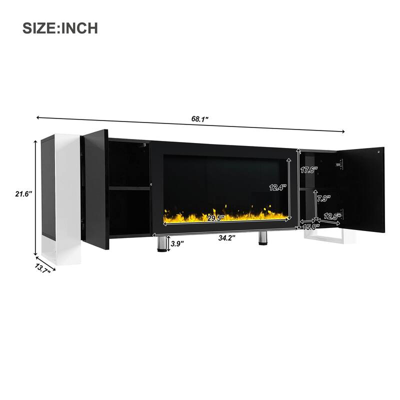 Modern High Gloss Finish V Stand with 34.2" Non-heating Electric Fireplace, Entertainment Center with 2 Cabinets