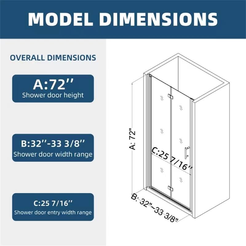Adjustment Universal Pivot Glass Shower Door with 1/4" Tempered Glass