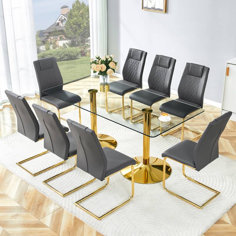 Rectangular Dining Table Set for 6-8 People, Modern Glass Table with Faux Leather Chairs