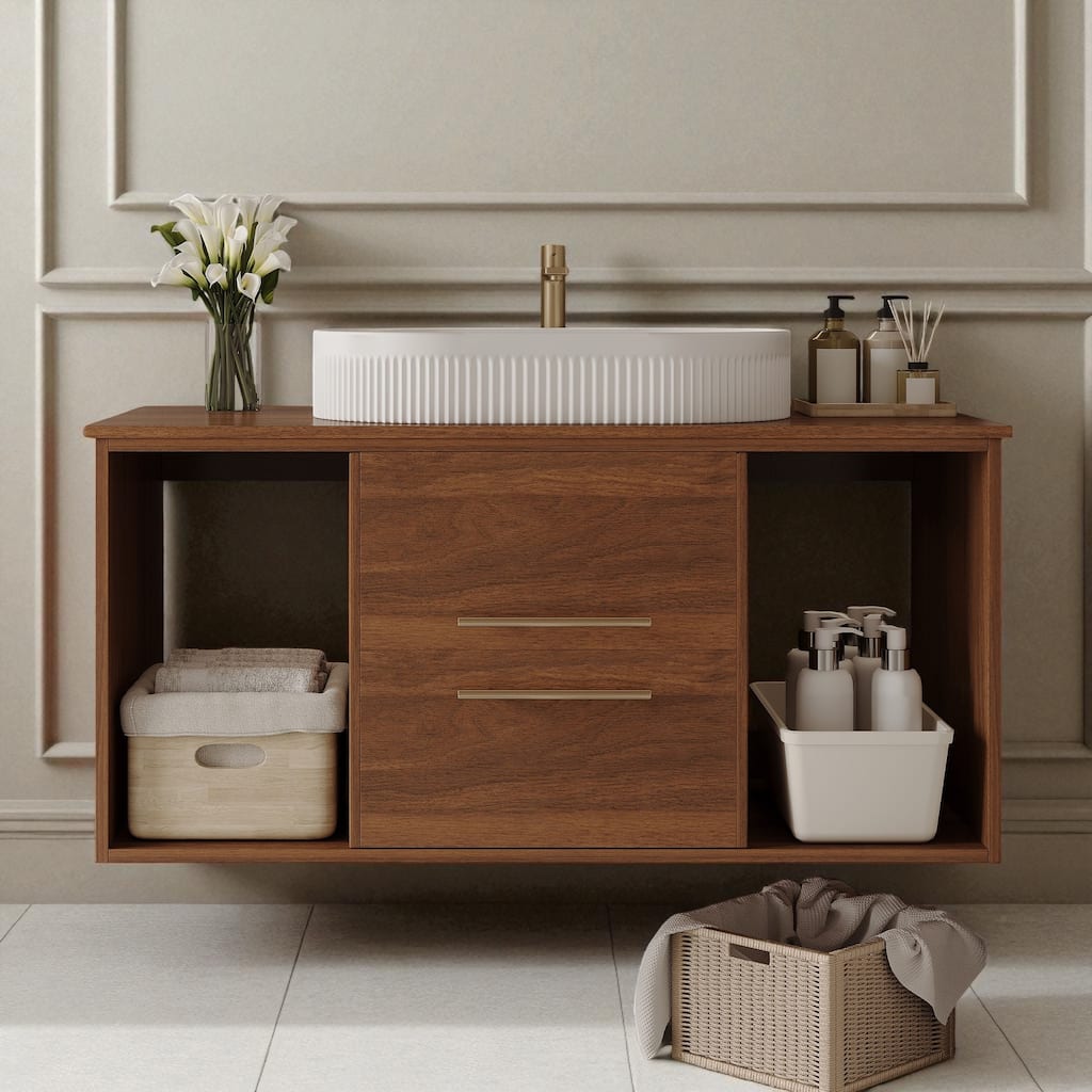 39.4" Floating Bathroom Vanity with Oval Ceramic Sink Soft-Close Drawers Open Shelves Solid Wood Cabinet