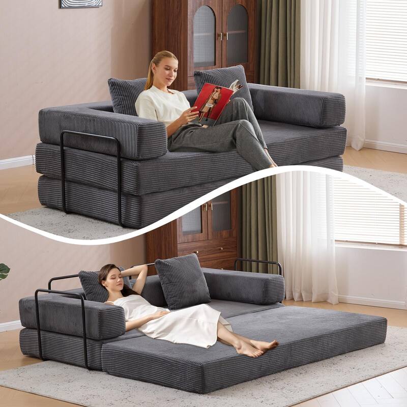 Convertible Corduroy Floor Sofa Bed, Dark Grey