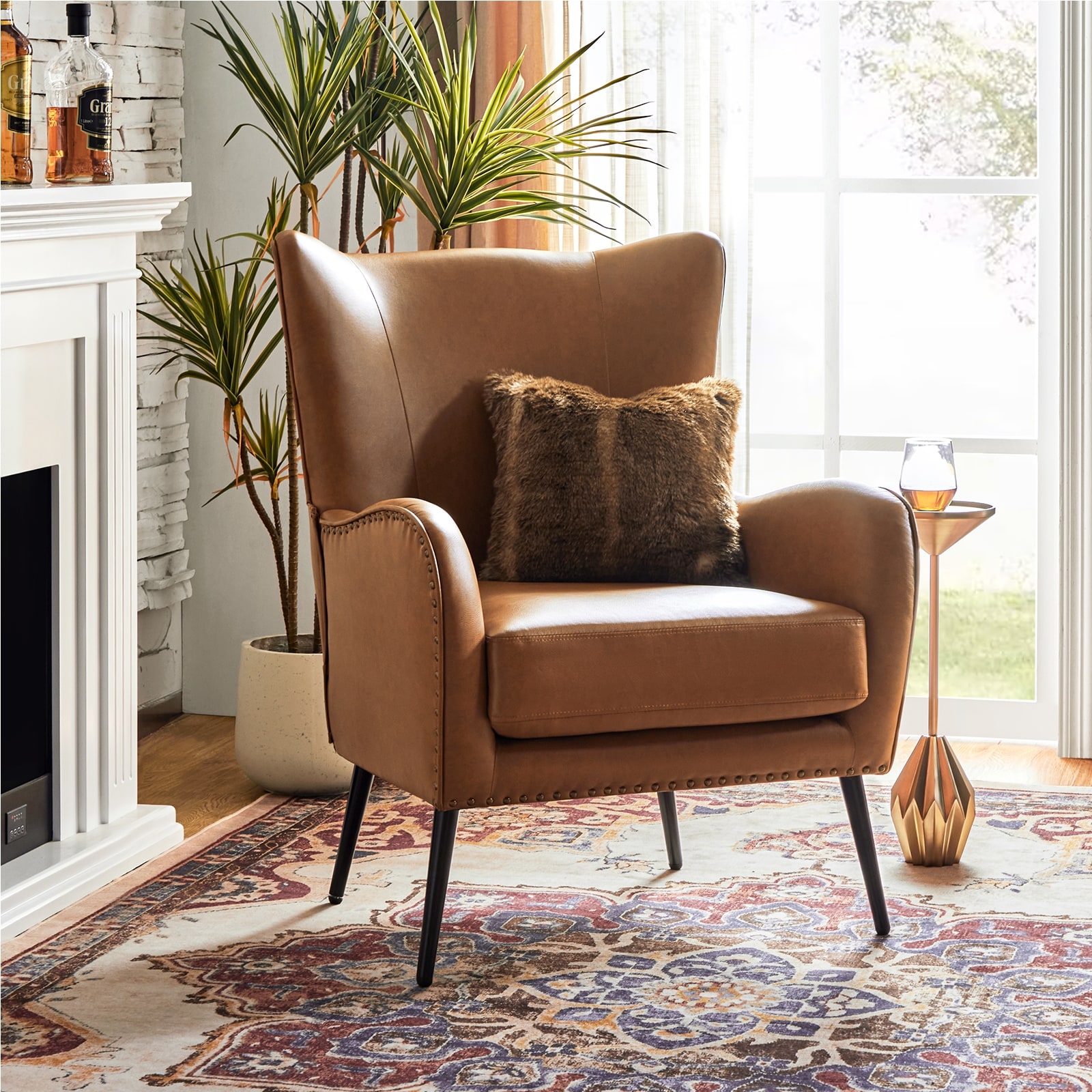 HULALA HOME Invidiae Faux Leather Wingback Armchair with Nailhead and Metal Legs