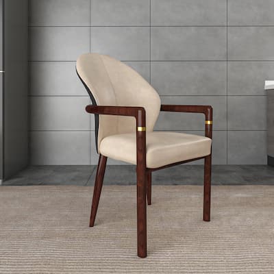 LeisureMod Modern Leather/Velvet Dining Chair - Elegant Armchair in Rubberwood with Gold Accents for Home Furniture