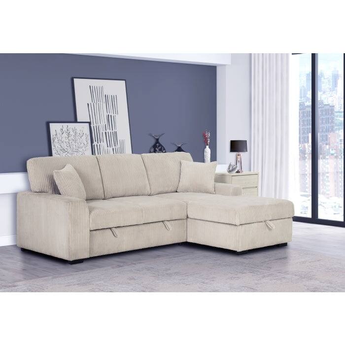 Corduroy Fabric Pull Out Sectional Sofa Bed with Storage Chaise and Pillows - Beige