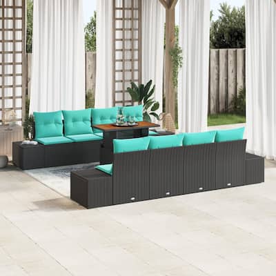 vidaXL 10 Piece Garden Sofa Set with Cushions Black Poly Rattan - 115.8×24.4×27.2