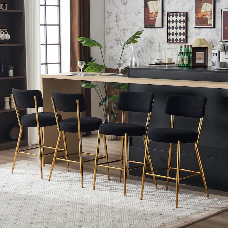 Set of 2 Modern Teddy Fabric Upholstered Bar Stools, Metal Base High Stool Suitable for Kitchen, Dining and Living Room
