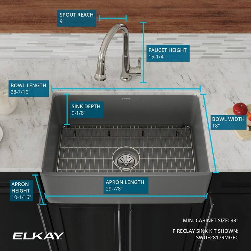 Elkay Fireclay 30" x 19-15/16" x 9-1/8", Single Bowl Farmhouse Sink