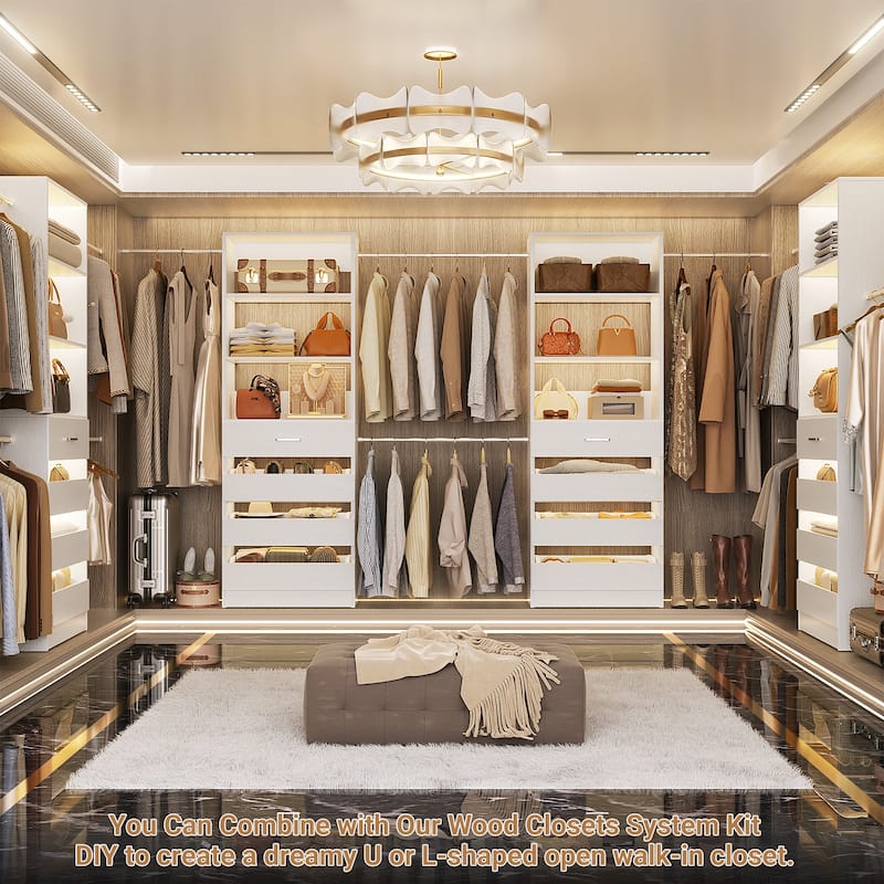 Qvella 95''-136'' W Closet System with 8 Wooden Drawers and 4 Hanging Rods, Walk-in Closet Organizer with 6 Storage Shelves
